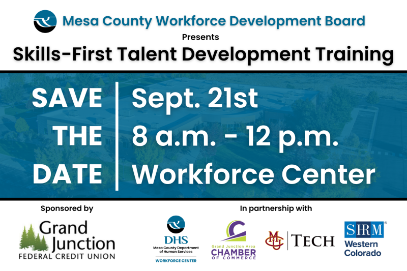 Save the date publication with time, date, and price information on the webpage; sponsorship includes the GJ Federal Credit Union, DHS Workforce Center, GJ Chamber of Commerce, CMU Tech, and SHRM of Western Colorado.