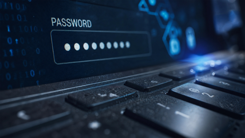 Laptop screen showing a password area with nine dots representing the password's characters. 