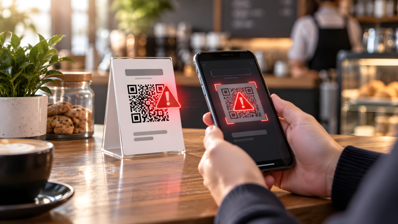 A table tent and a smartphone displaying a QR code, overlaid with a large red triangle warning symbol containing an exclamation mark.