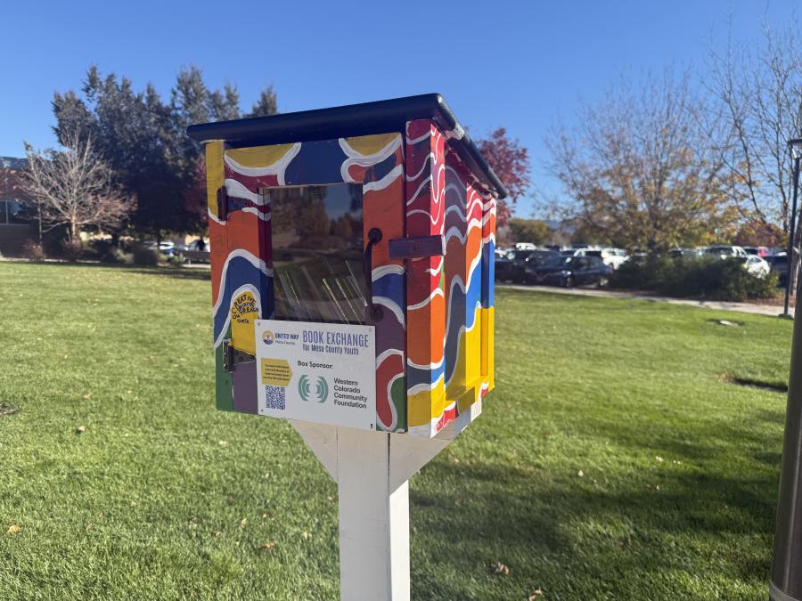 Book box on wooden post on DHS campus
