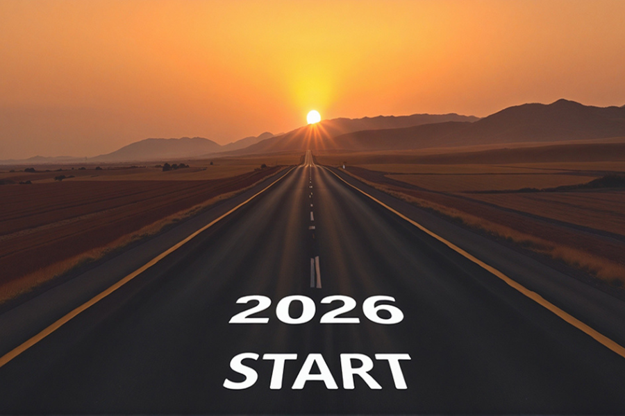 A straight, empty highway stretching toward the horizon at sunrise, with the sun rising between distant mountains and the words “2026 START” displayed on the road in white text.